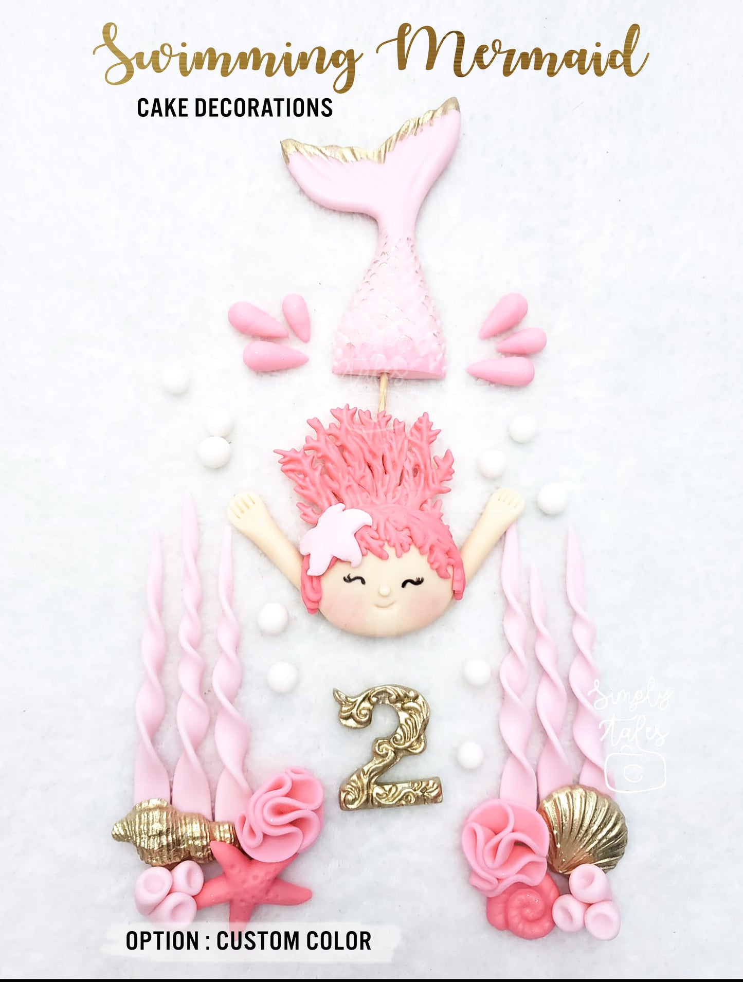 1 set Swimming Mermaid edible fondant cake topper, Girl Birthday, Little Mermaid, Mermaid Fondant, Under the sea cake decorations