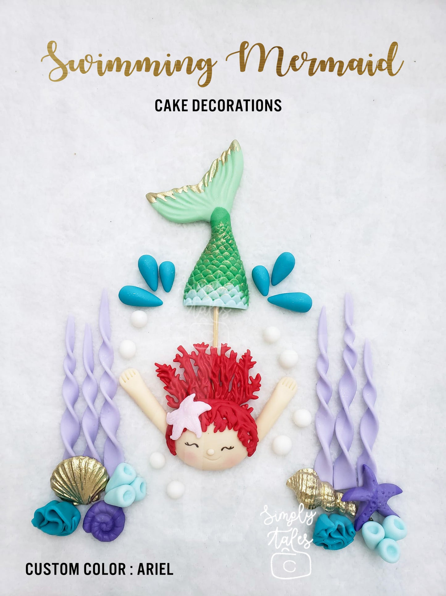 1 set Swimming Mermaid edible fondant cake topper, Girl Birthday, Little Mermaid, Mermaid Fondant, Under the sea cake decorations