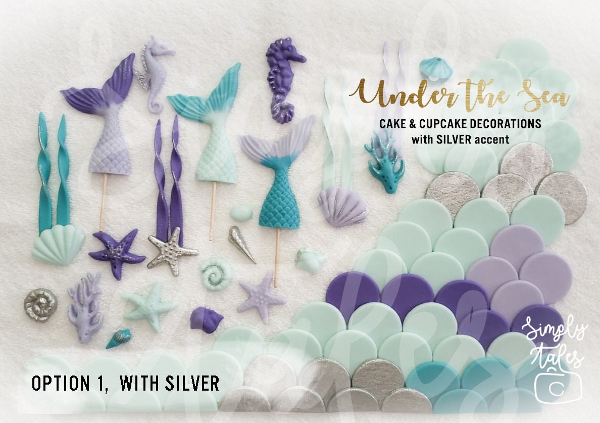 1 set Under the Sea Mermaid scales cake cupcake toppers, Mermaid Tails, Beach wedding, Girl Birthday, sea horse, seaweeds, free shipping