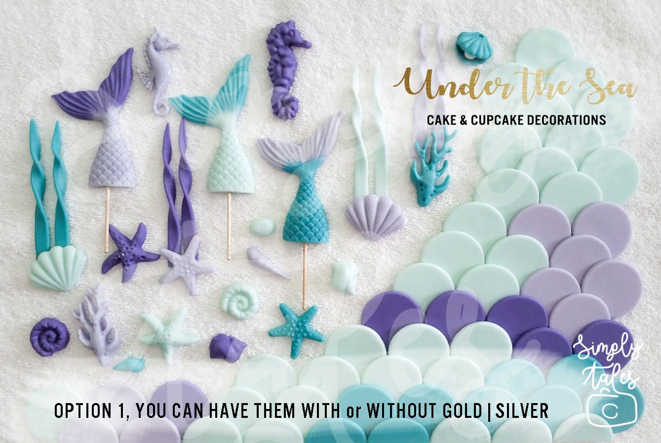 1 set Under the Sea Mermaid scales cake cupcake toppers, Mermaid Tails, Beach wedding, Girl Birthday, sea horse, seaweeds, free shipping