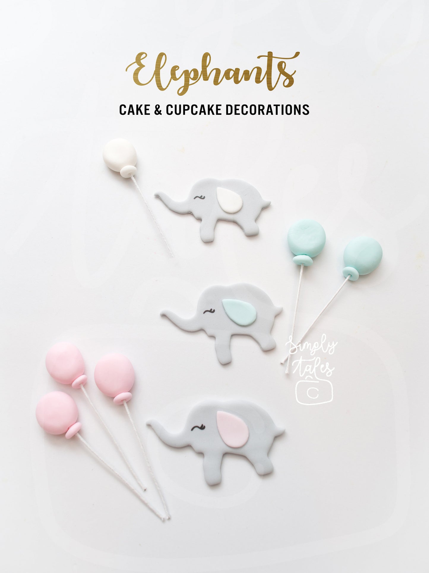 24 pcs Elephant and Balloons cake cupcake toppers, edible fondant decorations, girl boy birthday, baby shower, 1st birthday, free shipping