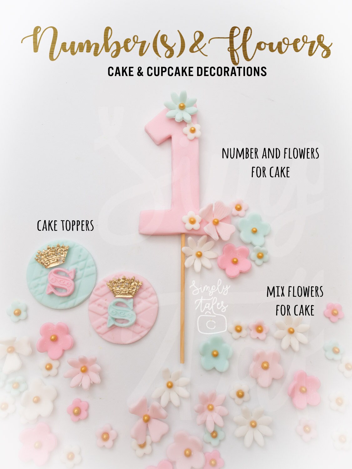 1 set Custom number and flowers cake toppers, edible cake decorations, boy girl birthday party, baby shower, edible flowers, pink