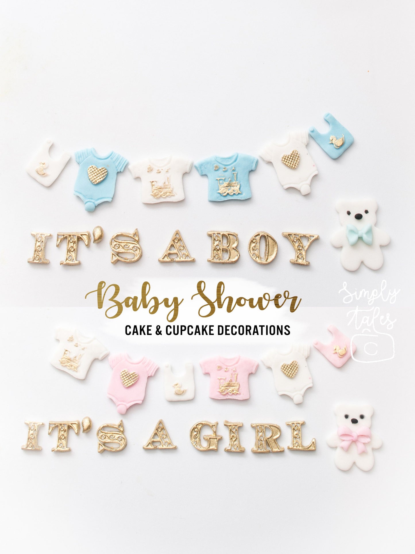 Onesies Baby Clothings Bear topper, Baby Shower cake cupcake decoration, fondant topper, girl boy birthday, it's a boy, it's a girl, gender reveal