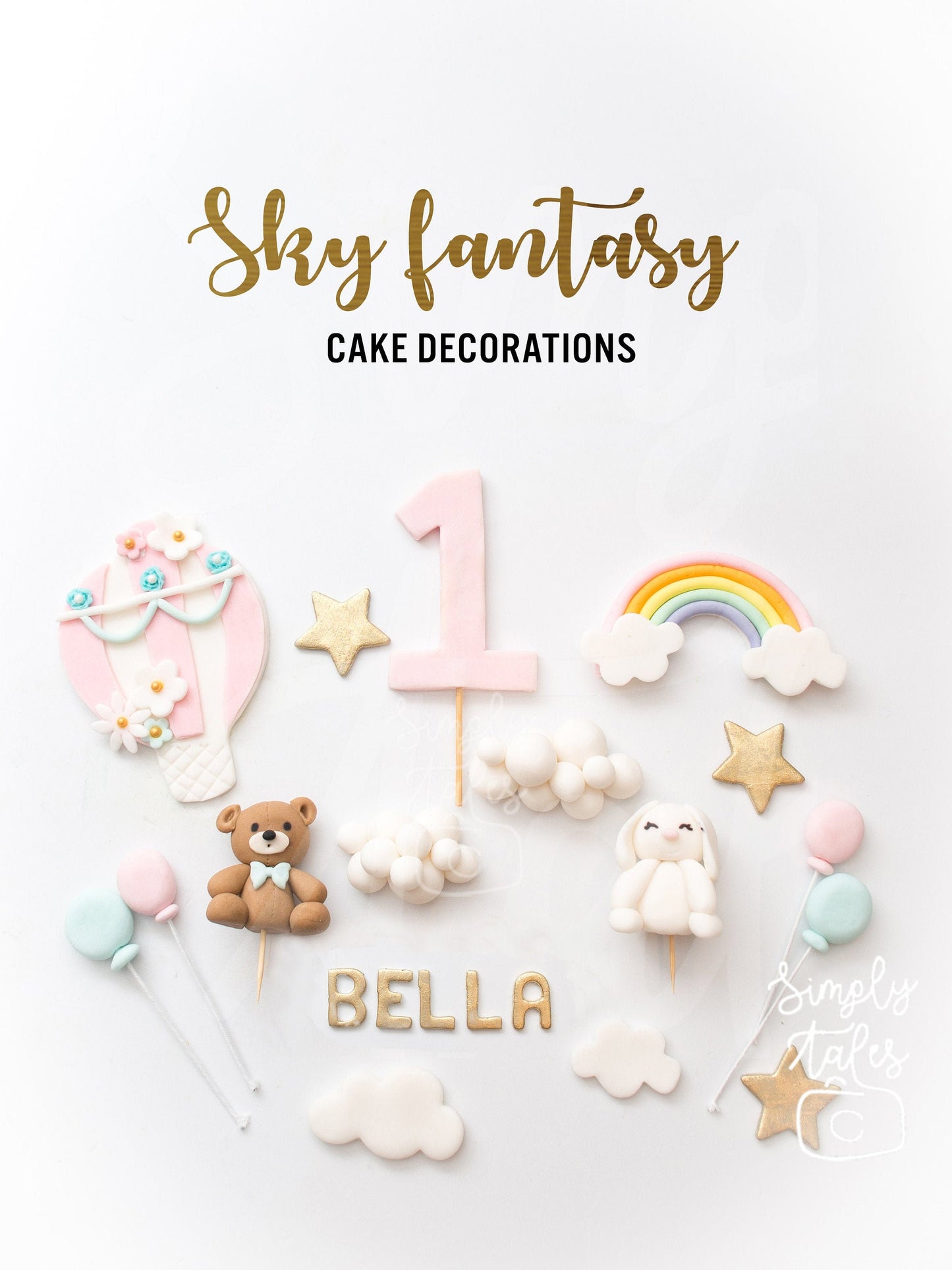 Sky Fantasy cake decoration fondant topper, Bunny, Bear, Clouds, Hot Air Balloons, Rainbow, Stars, Custom number, Birthday Cake Topper