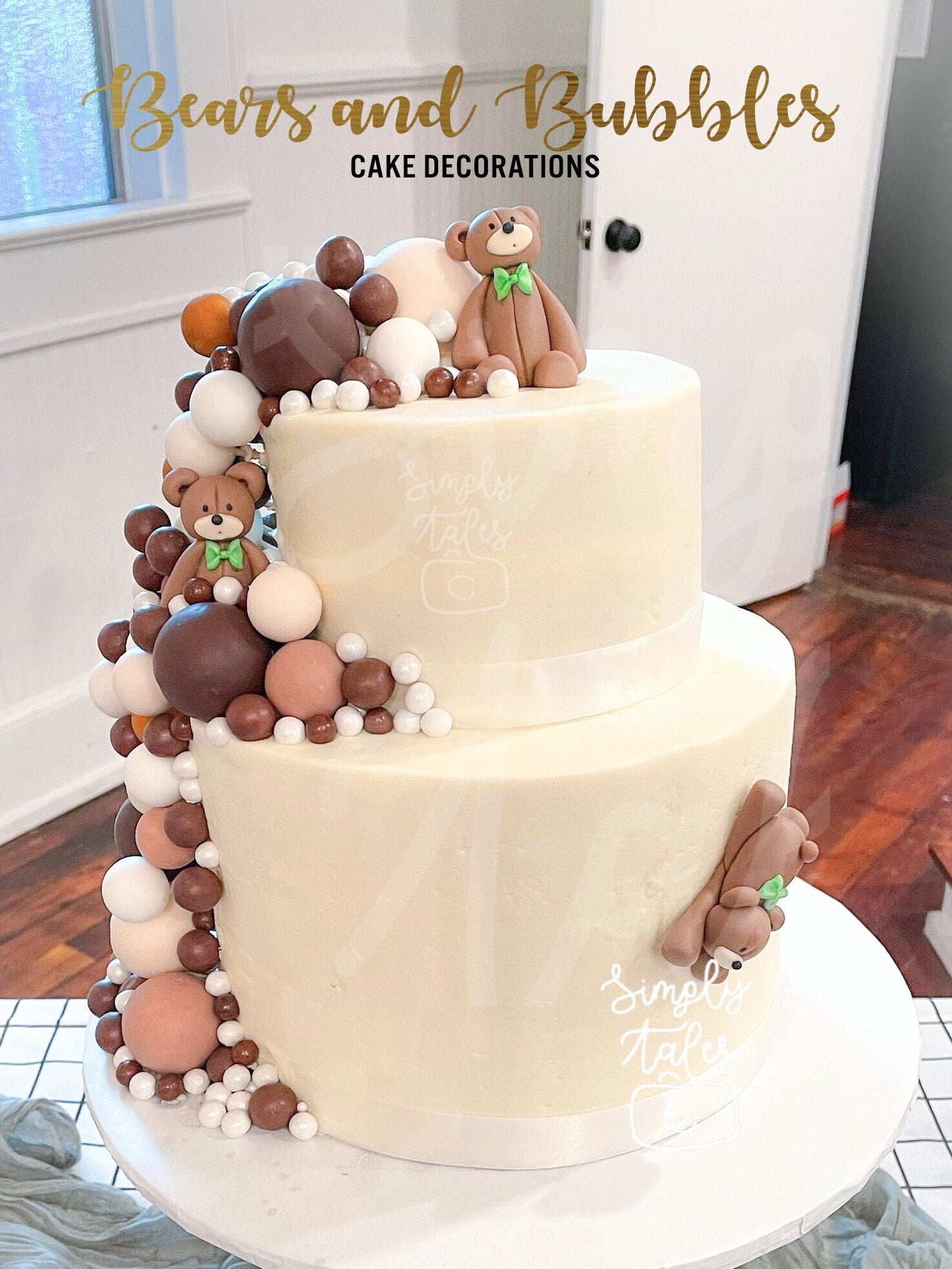 4 mini Bear with 90 bubbles cake decoration, fondant topper, Birthday Cake Topper, girl boy Birthday, Baby Shower, Gender Reveal