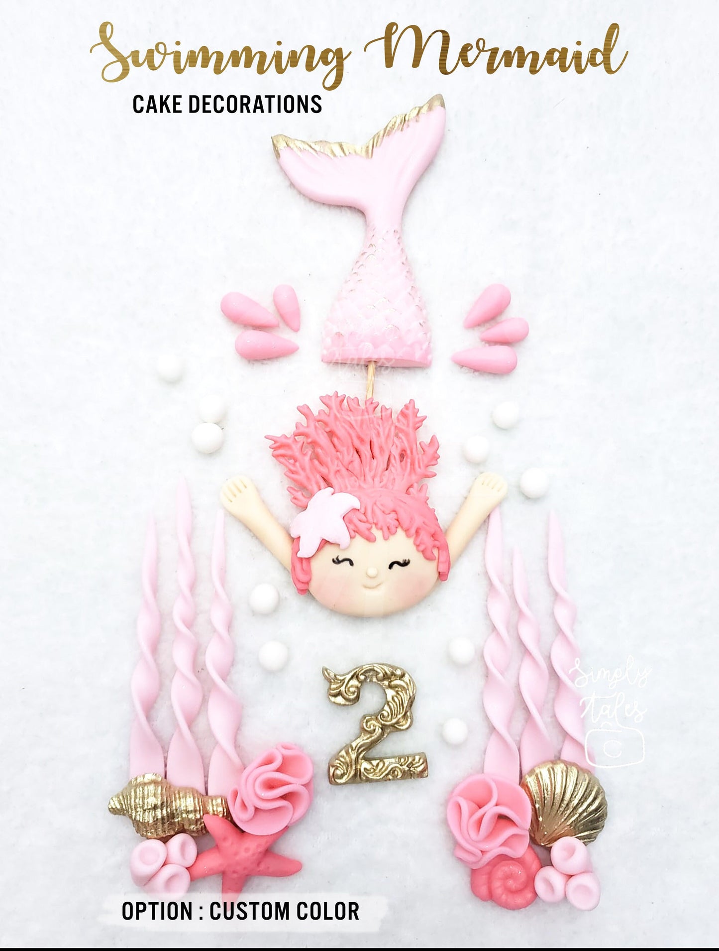 1 set Swimming Mermaid edible fondant cake topper, Girl Birthday, Little Mermaid, Mermaid Fondant, Under the sea cake decorations