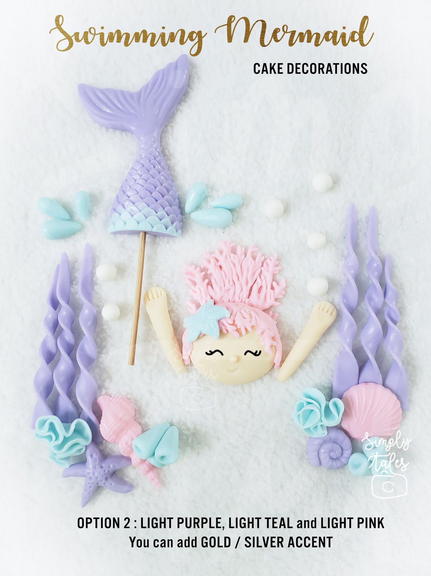 1 set Swimming Mermaid edible fondant cake topper, Girl Birthday, Little Mermaid, Mermaid Fondant, Under the sea cake decorations