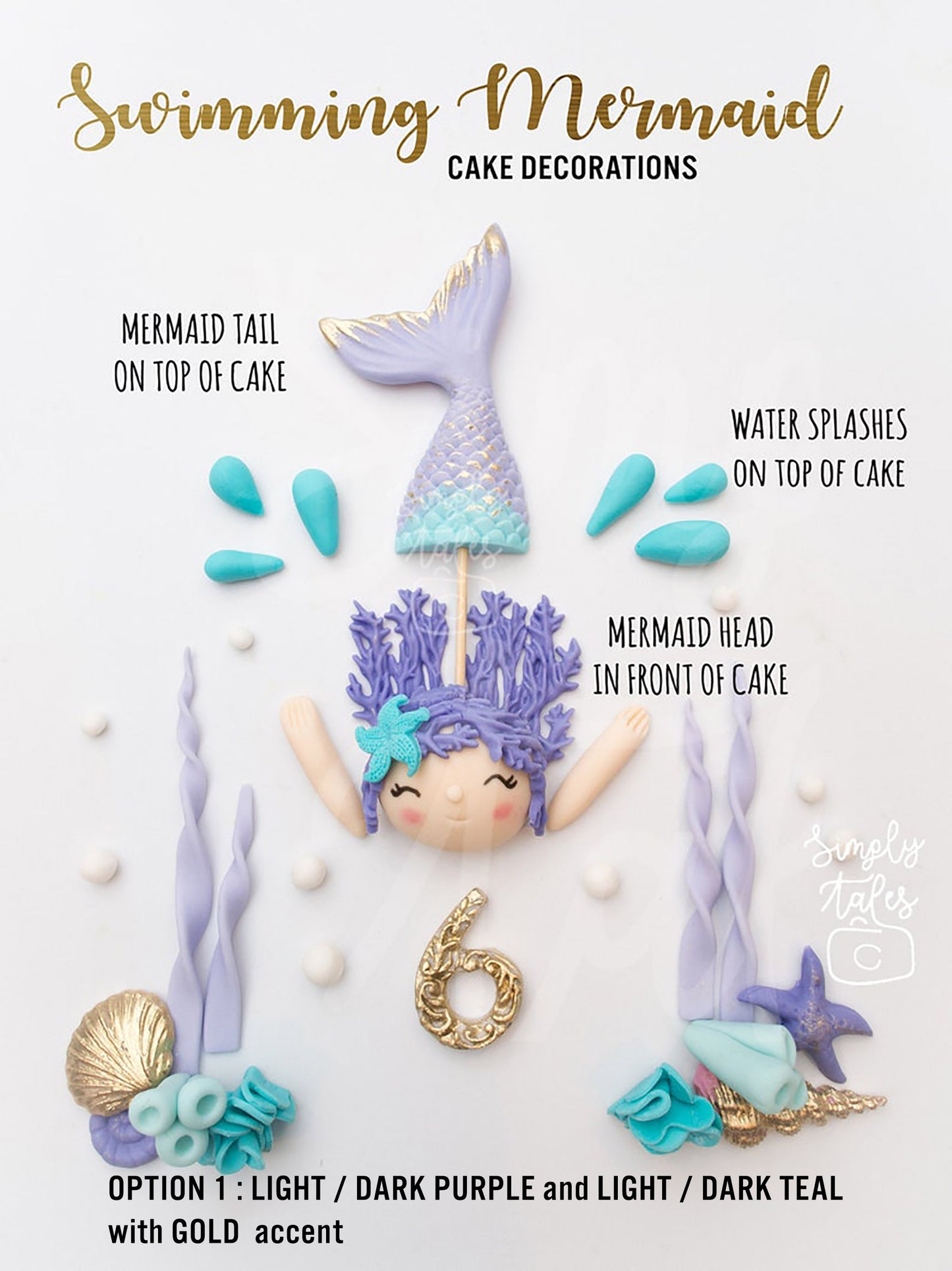1 set Swimming Mermaid edible fondant cake topper, Girl Birthday, Little Mermaid, Mermaid Fondant, Under the sea cake decorations