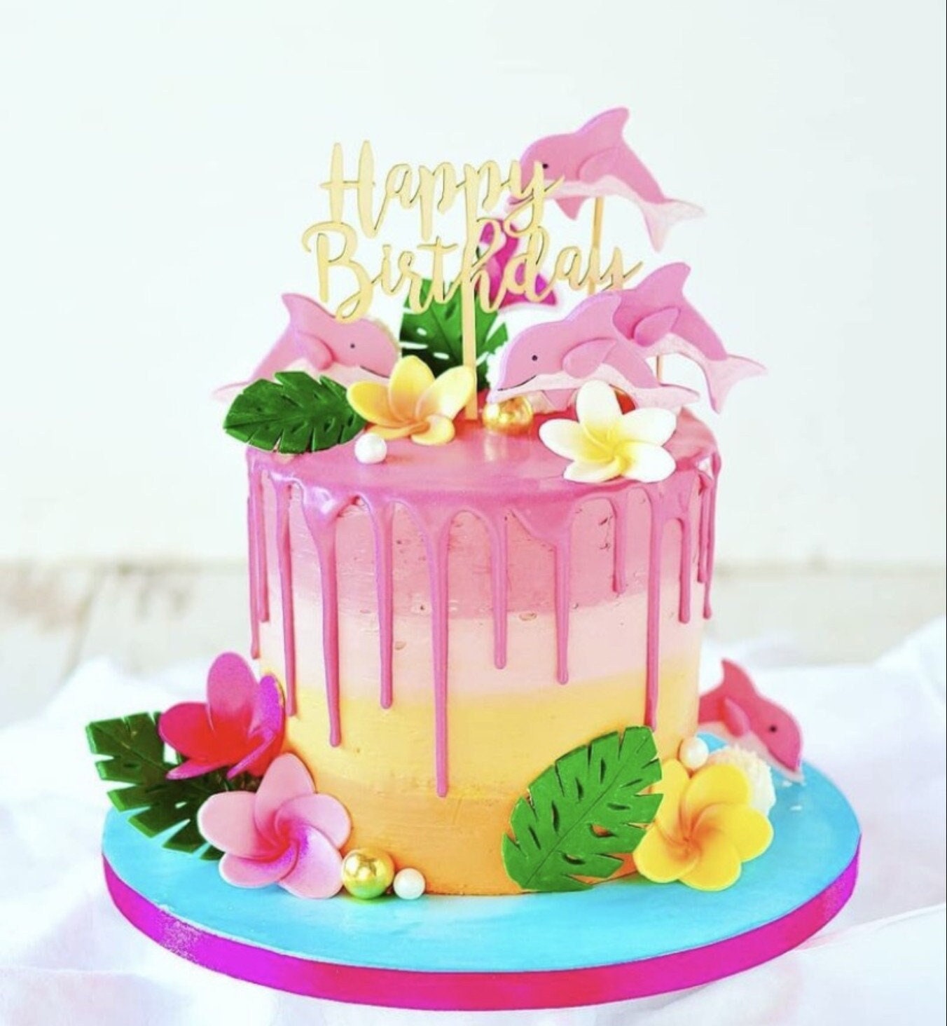 1 set Dolphins Hibiscus Monstera cake cupcake toppers, edible decorations, boy girl Birthday, baby shark, ocean beach, under the sea theme