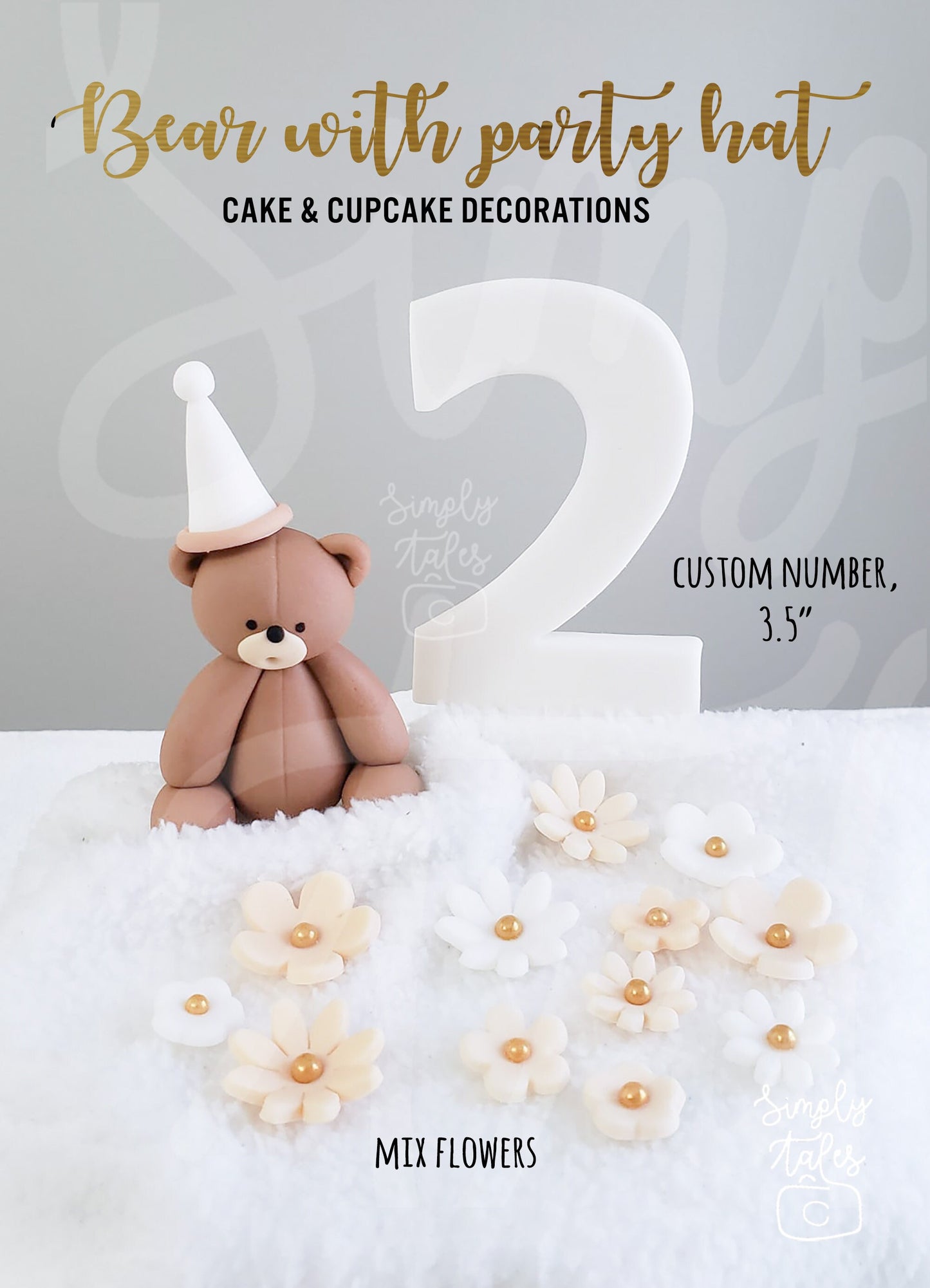 1 Party Bear Delight, mini 3D Bear with Party Hat cake decoration fondant topper, Woodland Animal Bear, Birthday Cake Topper, Girl Boy birthday, First birthday