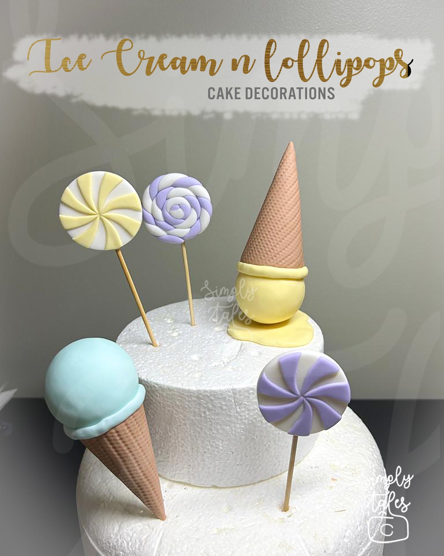 Ice Cream Delights: 3 Lollipops 2 Ice Creams cake decoration, fondant topper, lollipops, popsicle, Candilicious, Birthday Cake Topper