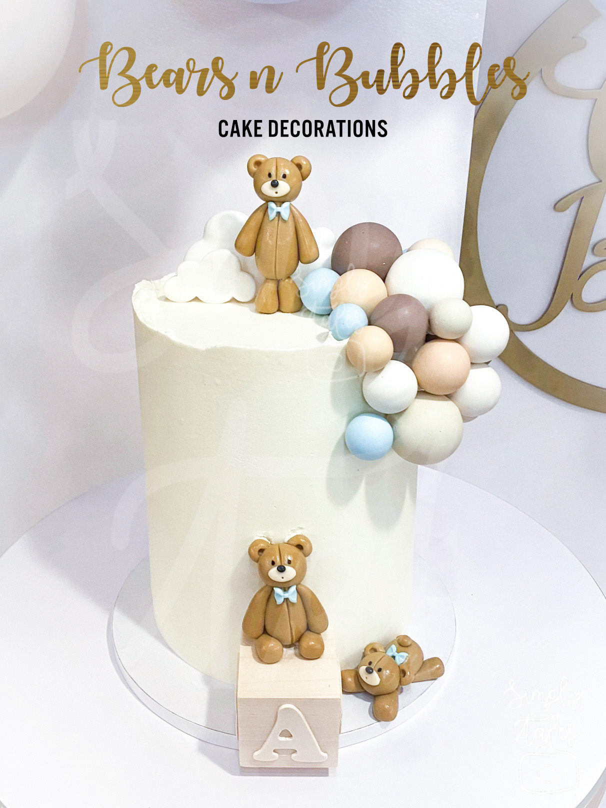 3 teddy bears with 90 bubbles cake decoration, fondant topper, Birthday Cake Topper, girl boy Birthday, Baby Shower, Gender Reveal