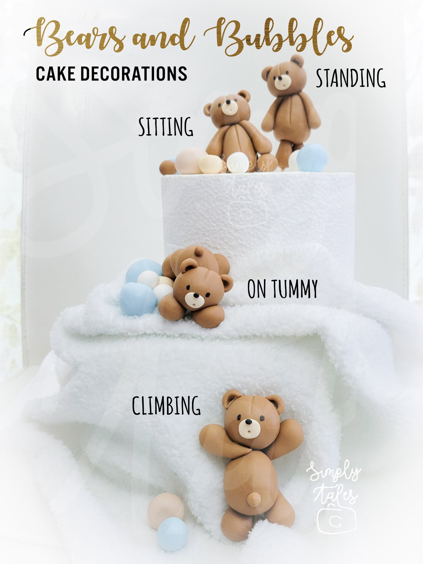 3 teddy bears with 90 bubbles cake decoration, fondant topper, Birthday Cake Topper, girl boy Birthday, Baby Shower, Gender Reveal