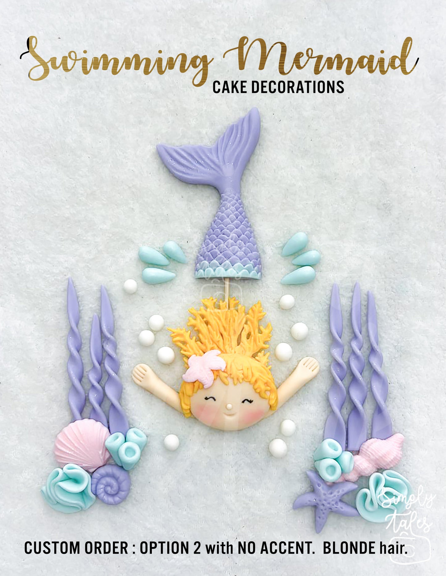 1 set Swimming Mermaid edible fondant cake topper, Girl Birthday, Little Mermaid, Mermaid Fondant, Under the sea cake decorations