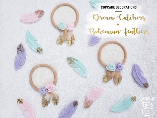 6 Dream Catcher and 12 Feathers cupcake topper, Boho chic cupcake decorations, Shabby chic, girl birthday, baby shower, Bohemian