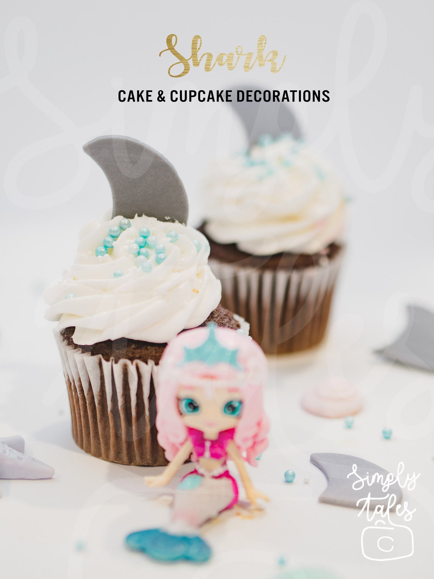 24 Ocean Adventures Shark fins and Mermaid Tail fondant cupcake toppers, edible decorations, boy girl Birthday, baby shark, ocean beach under the sea theme