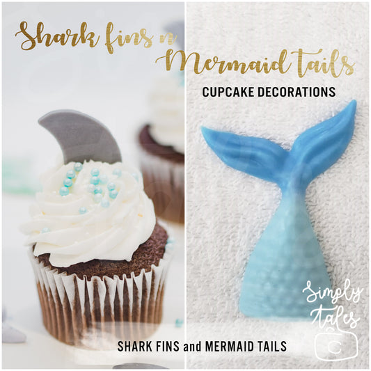 24 Ocean Adventures Shark fins and Mermaid Tail fondant cupcake toppers, edible decorations, boy girl Birthday, baby shark, ocean beach under the sea theme