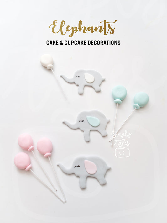 24 pcs Elephant and Balloons cake cupcake toppers, edible fondant decorations, girl boy birthday, baby shower, 1st birthday, free shipping