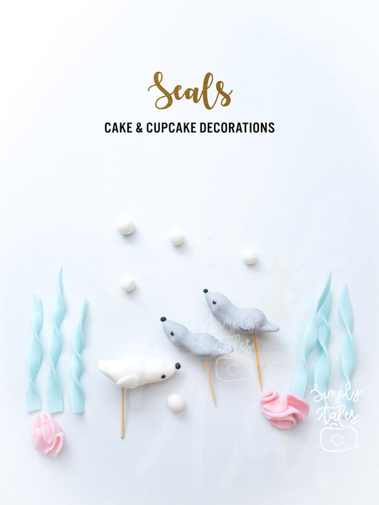 24 pcs Seals Sea Lions Seaweeds and Sea Flowers cake cupcake toppers, Under the Sea, Girl boy Birthday, seaweeds, edible toppers, fondant