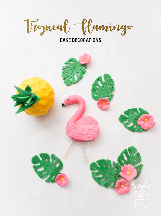 1 set Hawaiian Aloha Flamingo edible cake topper, Tropical party, Summer celebration, fondant cake decorations, Pineapple Plumeria Monstera