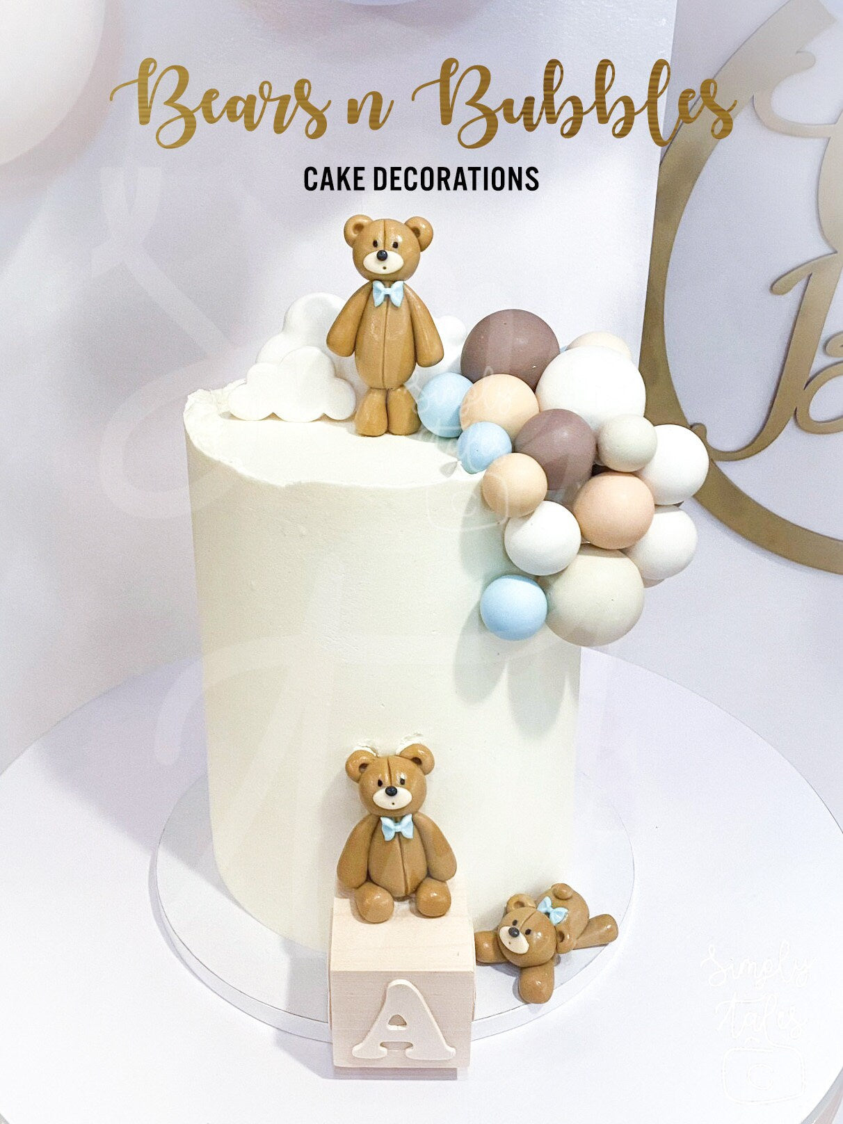 4 mini Bear with 90 bubbles cake decoration, fondant topper, Birthday Cake Topper, girl boy Birthday, Baby Shower, Gender Reveal