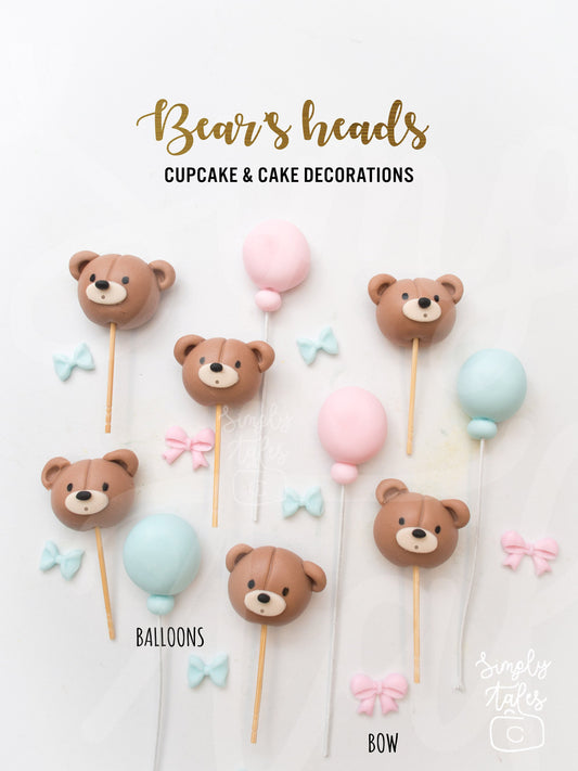 6 pcs Bear Heads cake cupcake decoration fondant topper, Birthday Cake Topper, girl boy birthday, baby shower