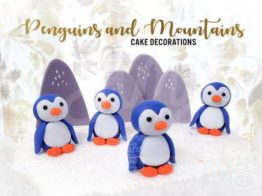 4 mini Penguins and 4 Mountains cake decoration fondant topper, Birthday Cake Topper, girl boy birthday, baby shower, Christmas