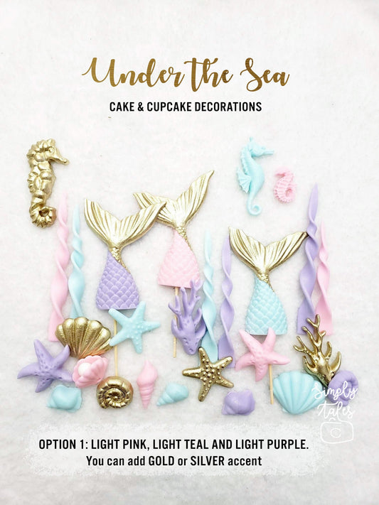 27 pcs Under the Sea cupcake toppers, Mermaid Tails, Beach wedding, Girl Boy Birthday, Sea horse, Seaweeds, Sea Shells, edible fondant