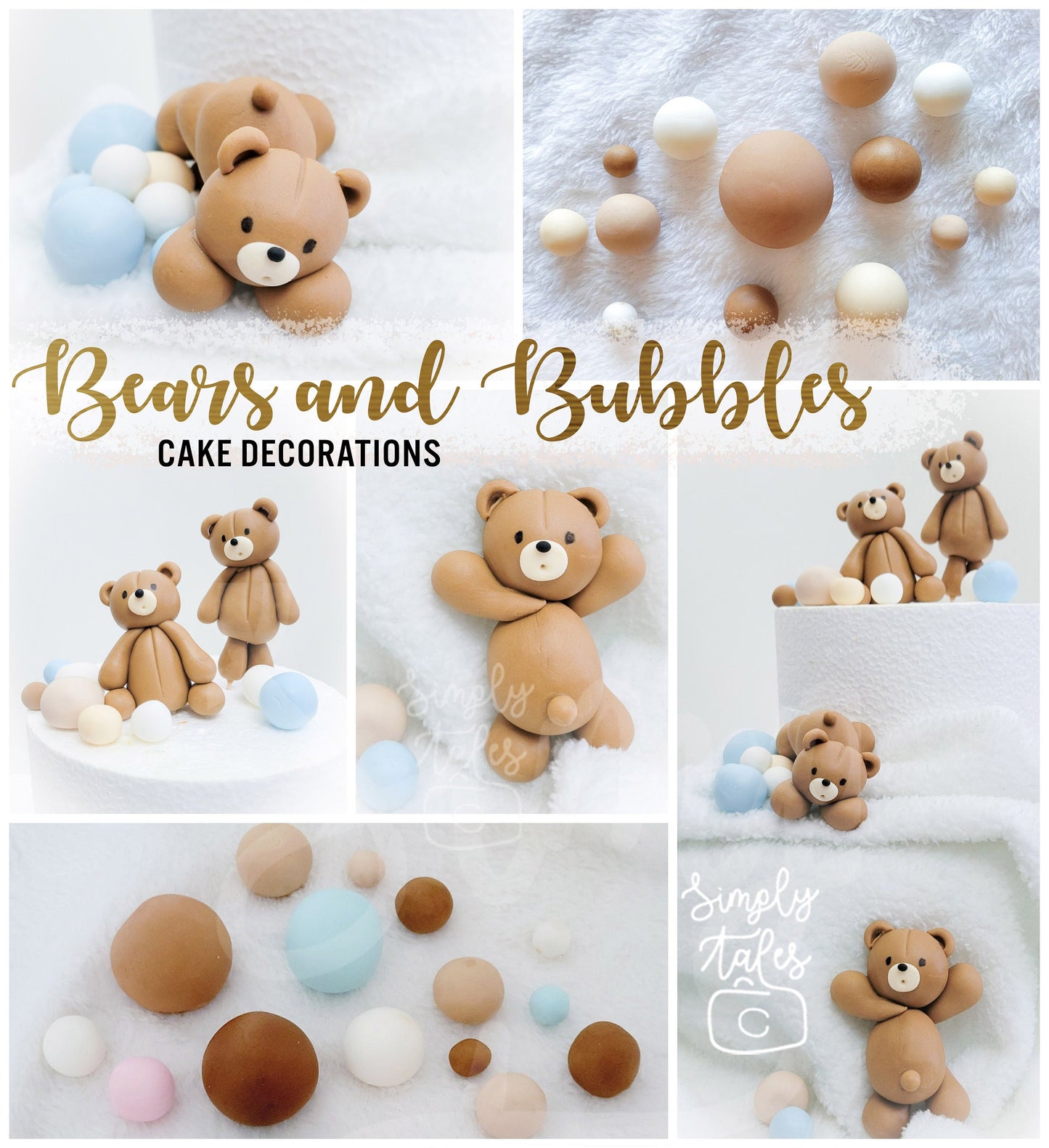 4 mini Bear with 90 bubbles cake decoration, fondant topper, Birthday Cake Topper, girl boy Birthday, Baby Shower, Gender Reveal