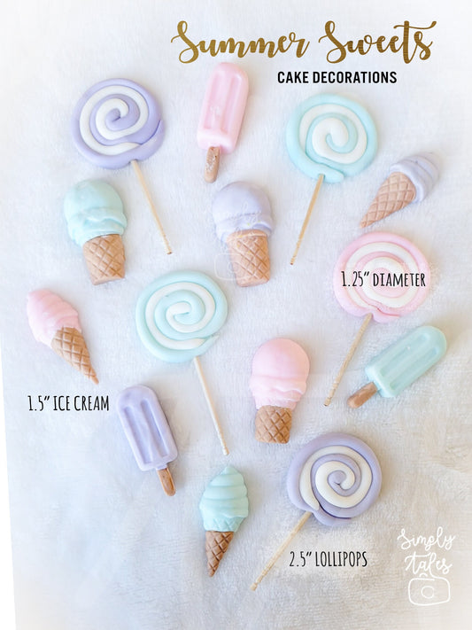 24 Sweet Summer Delights cake decoration, fondant topper, ice creams, lollipops, popsicle, ice cream cone, Birthday Cake Topper