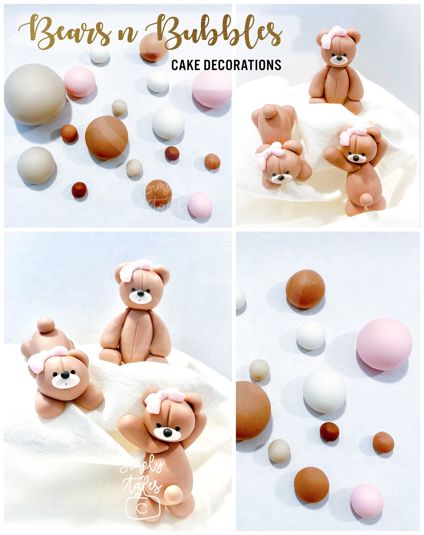 3 teddy bears with 90 bubbles cake decoration, fondant topper, Birthday Cake Topper, girl boy Birthday, Baby Shower, Gender Reveal