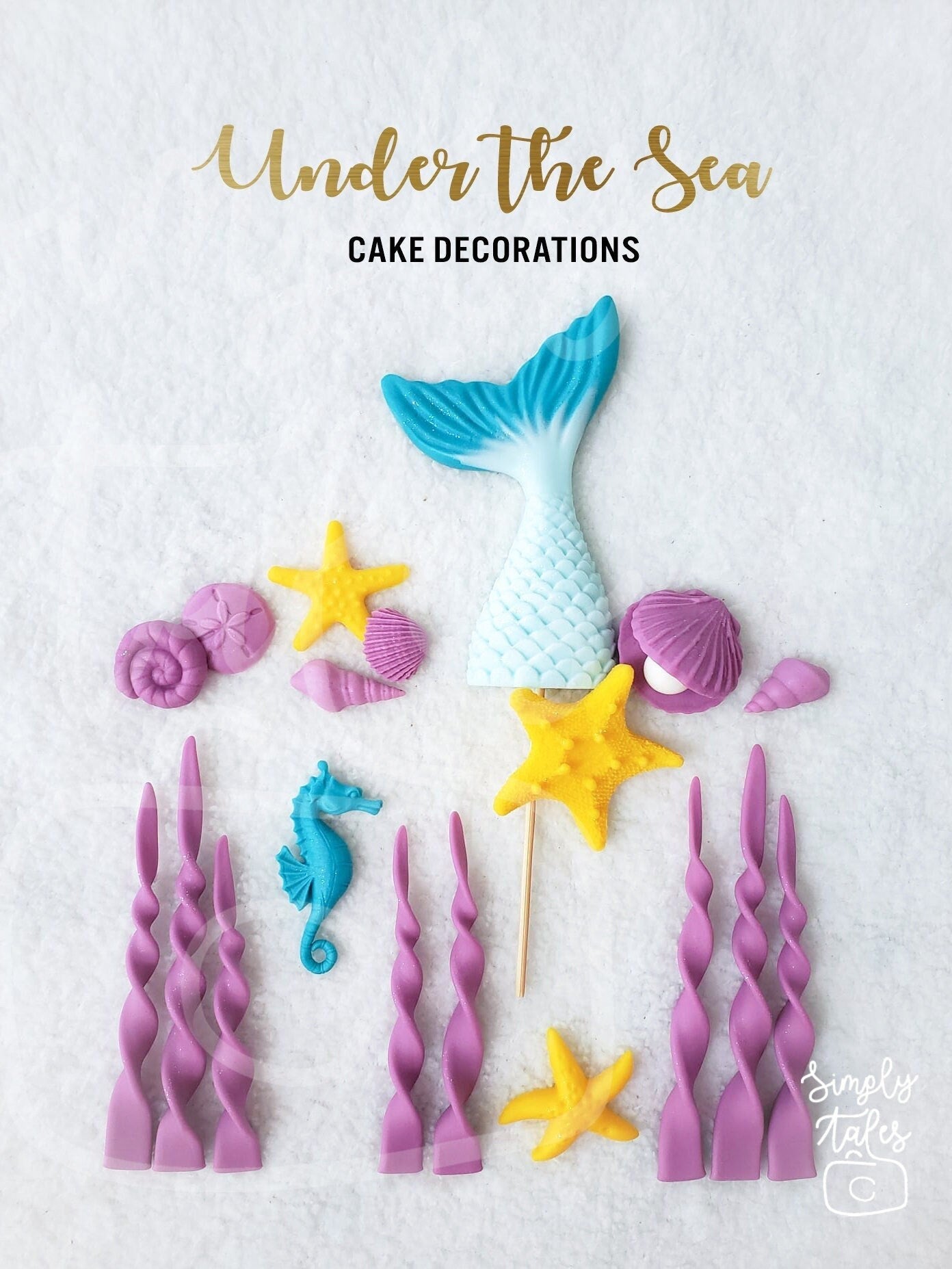 19 pcs Under the Sea Extravaganza, Sea Shells cake toppers, Mermaid Tails, Beach wedding, Girl boy Birthday, sea horse, seaweeds