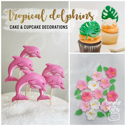1 set Dolphins Hibiscus Monstera cake cupcake toppers, edible decorations, boy girl Birthday, baby shark, ocean beach, under the sea theme