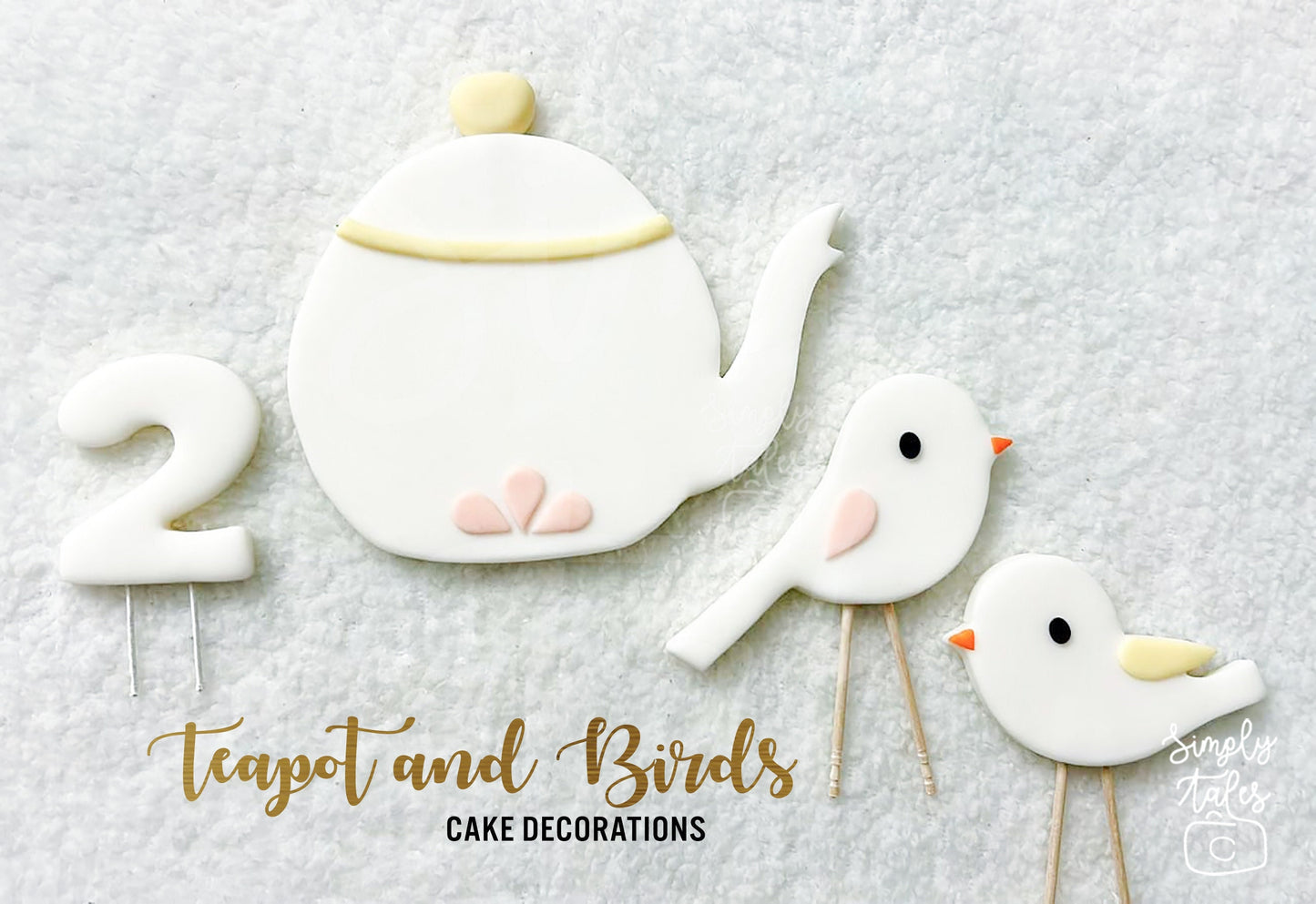 1 set Whimsical Teapot and Birds cake toppers, baby shower, Girl Boy Birthday, tea party, edible decorations, made to order