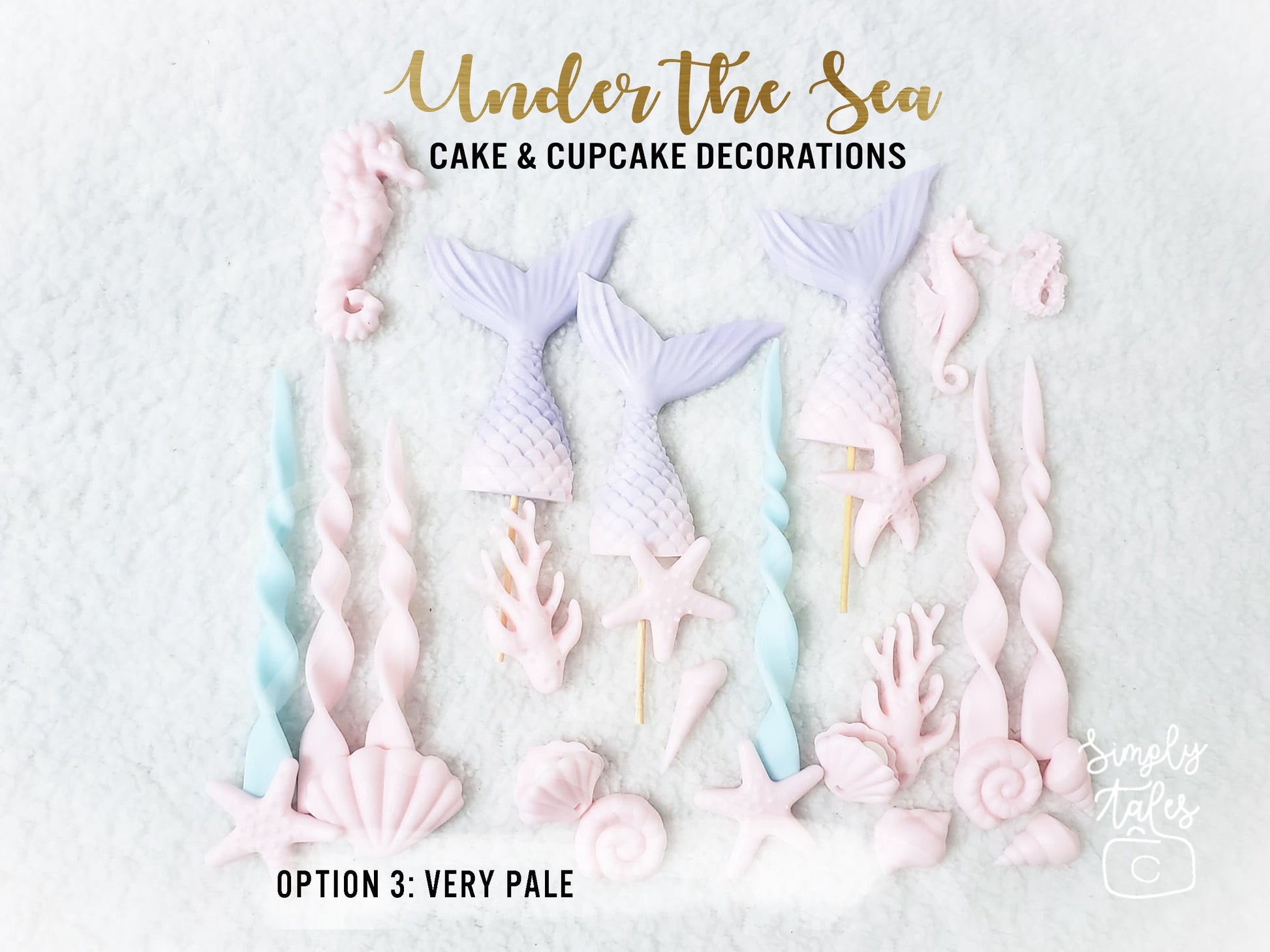 27 pieces fondant under the sea theme for cupcakes and cakes, cake toppers, very pale color scheme