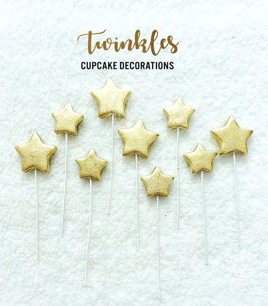 12 pcs Twinkle Stars on picks for cupcakes or cakes toppers, Boy Girl Birthday, Baby Shower, Graduation, New Year, edible decorations