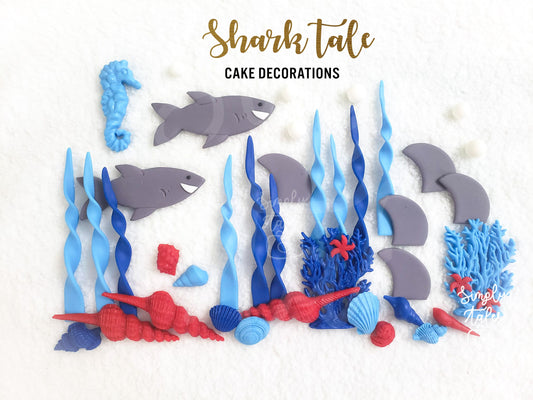1 set fondant Shark Tale cake toppers, Boy Birthday, sea horse, seaweeds, Under the Sea, Nautica, made to order, Graduations, edible