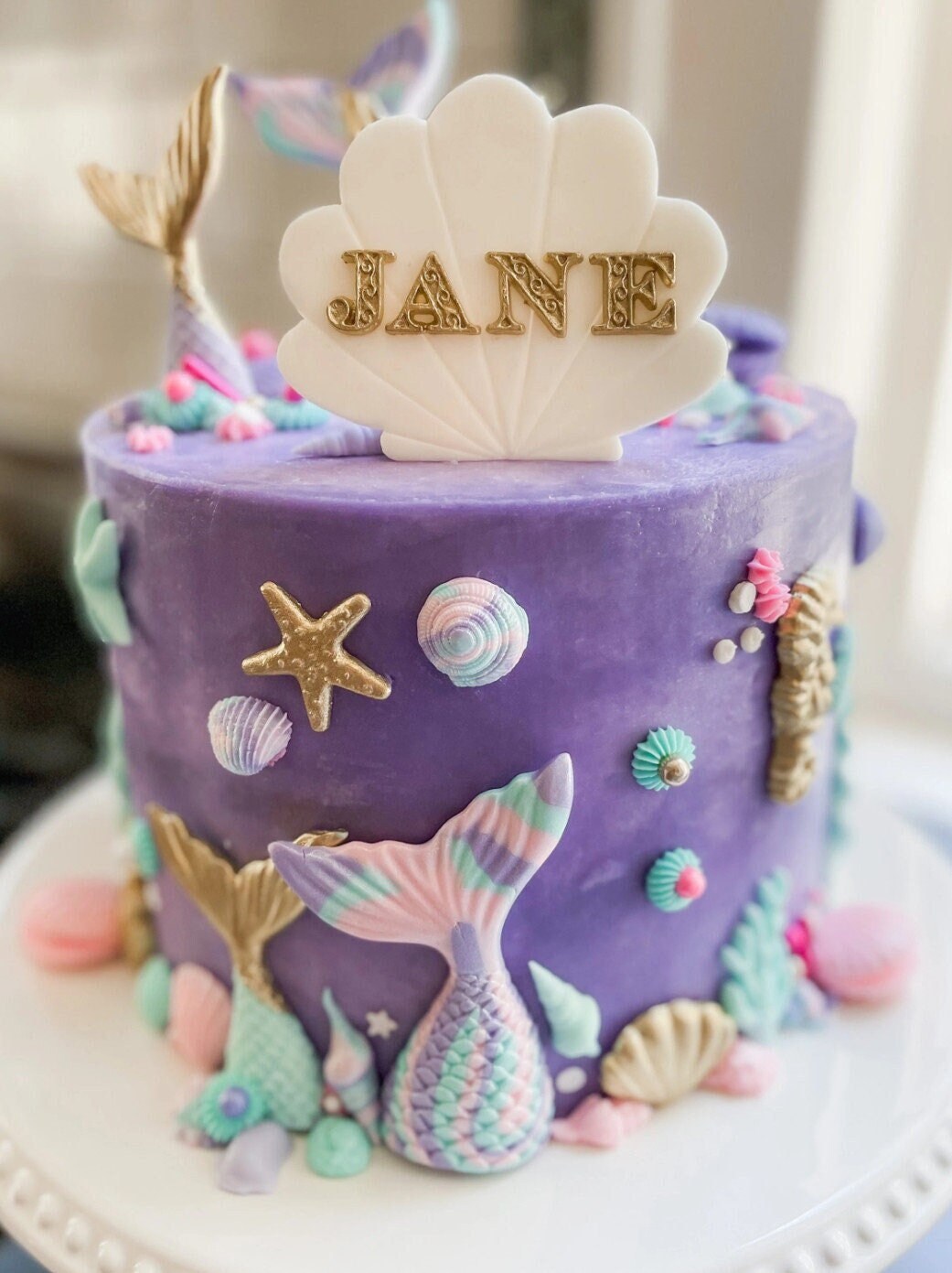 Clam Shell with custom name or number for cake topper, Girl Birthday, Little Mermaid, Mermaid Fondant, Under the sea cake decorations, custom